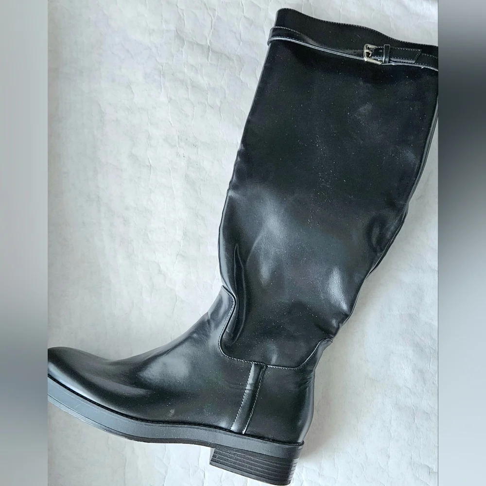 Zara black riding boots buckle strap full width NWT